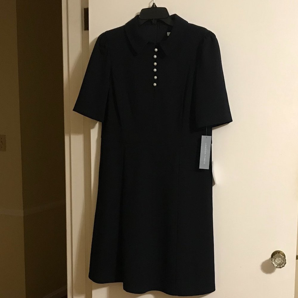 London Times Short Sleeve Navy Collared Dress with Faux Pearl Buttons
